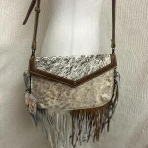 Myra Crossbody Leather NWT Brown White Cowhide Look Fringe Western Cowgirl Bag